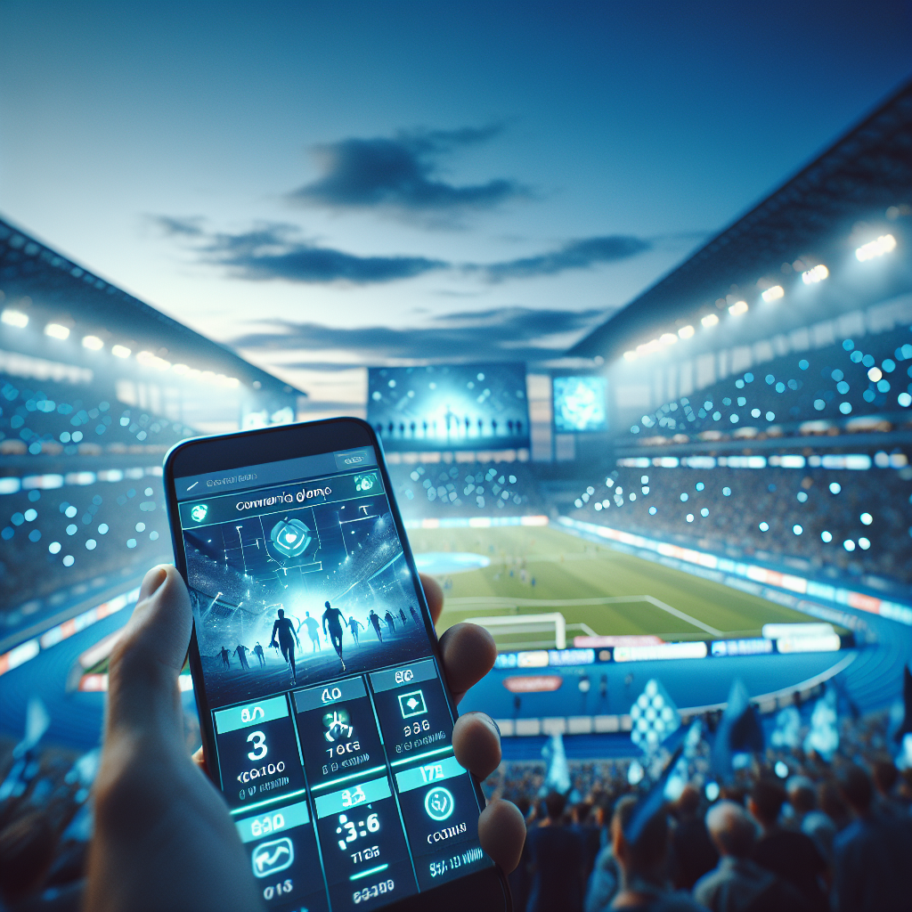 Маркетинг турниров и влияние на ставки показаны смартфоном и LED-экранами на стадионе в сумерках.